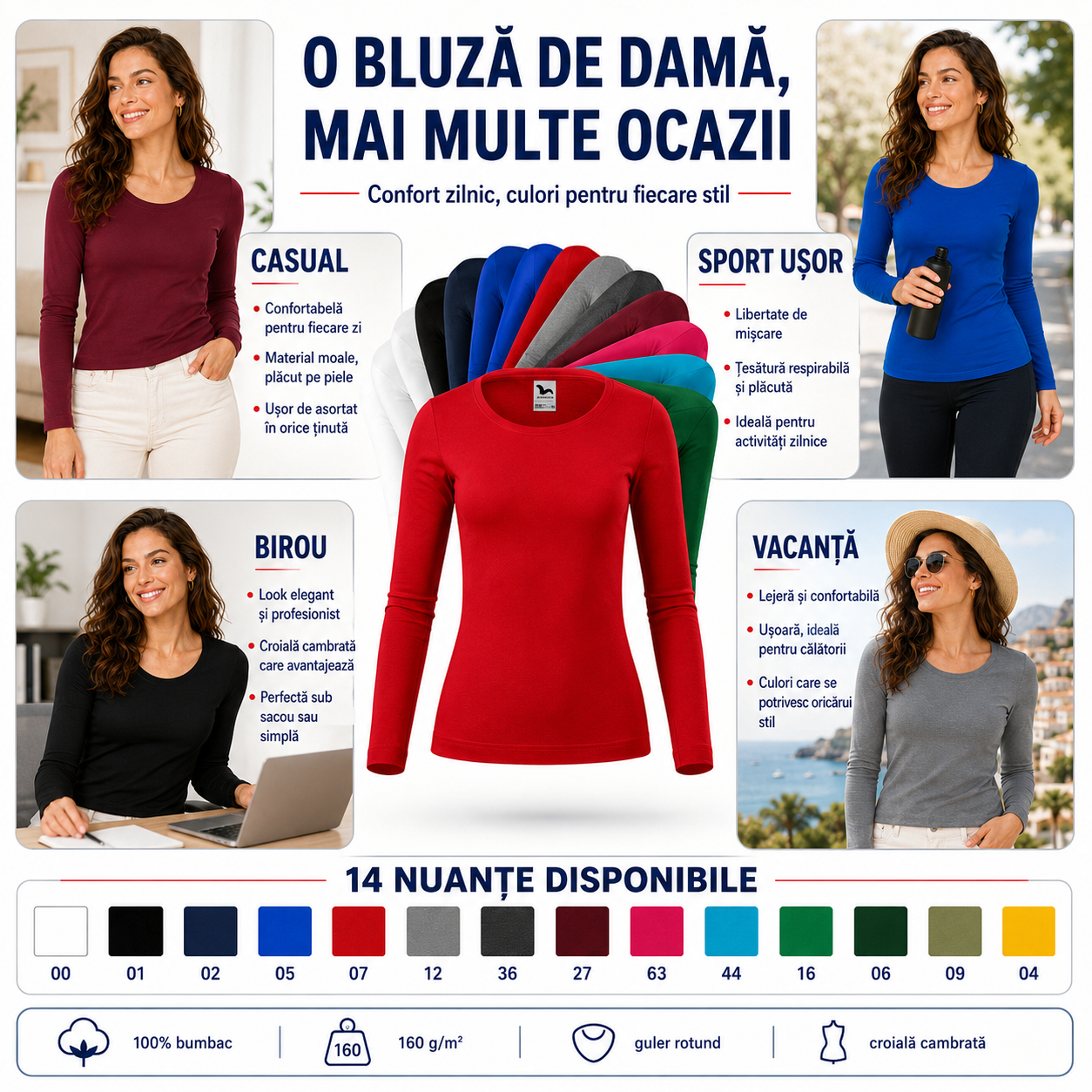 Bluză damă 169 Fit-T LS potrivită pentru birou, casual, sport ușor și vacanță